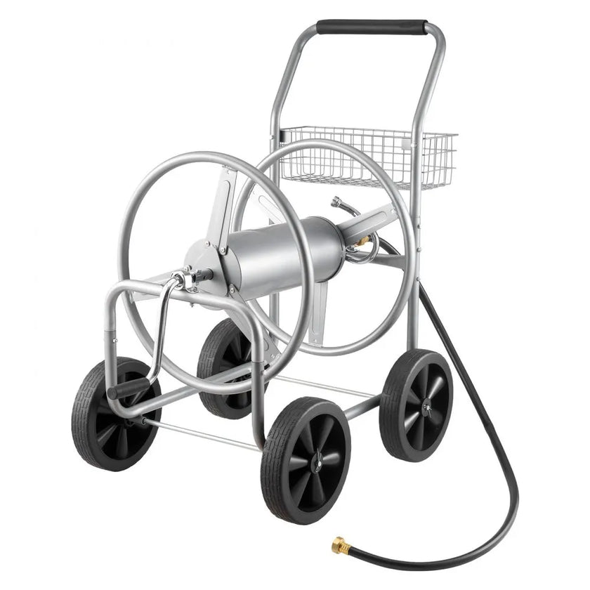 VEVOR Hose Reel Cart, Hold Up to 250 ft of 5/8’’ Hose, Garden Water Hose Carts Mobile Tools with 4 Wheels, Heavy Duty Powder-coated Steel Outdoor Planting with Storage Basket, for Garden, Yard, Lawn