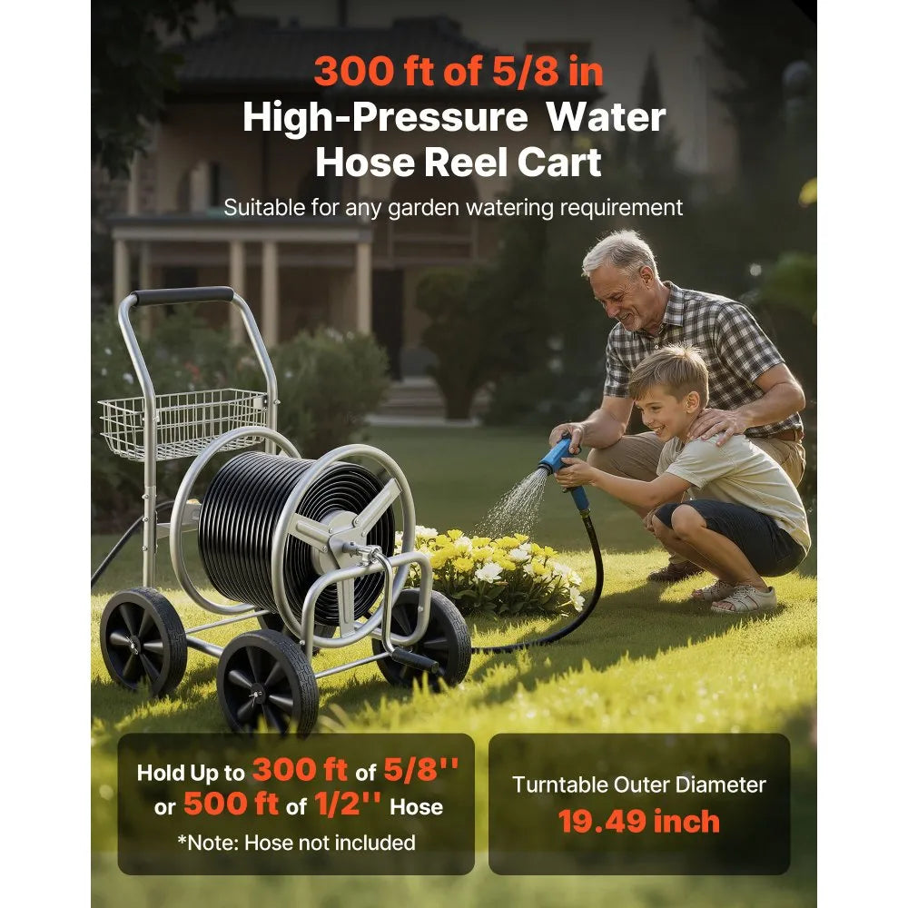 VEVOR Hose Reel Cart, Hold Up to 300 ft of 5/8’’ Hose, Garden Water Hose Carts Mobile Tools with 4 Wheels, Heavy Duty Powder-coated Steel Outdoor Planting with Storage Basket, for Garden, Yard, Lawn