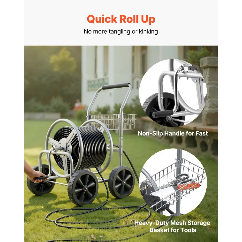 VEVOR Hose Reel Cart, Hold Up to 300 ft of 5/8’’ Hose, Garden Water Hose Carts Mobile Tools with 4 Wheels, Heavy Duty Powder-coated Steel Outdoor Planting with Storage Basket, for Garden, Yard, Lawn
