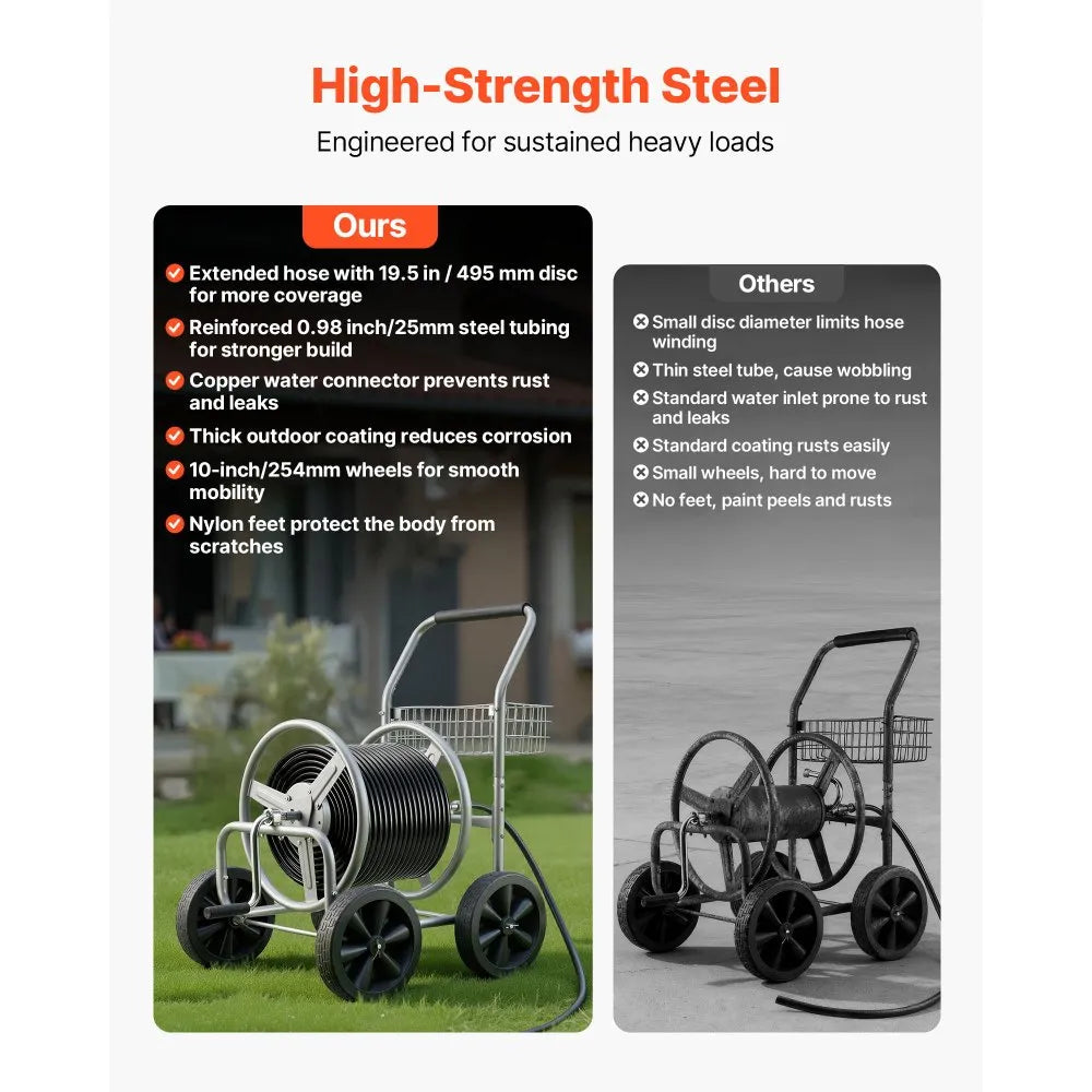VEVOR Hose Reel Cart, Hold Up to 300 ft of 5/8’’ Hose, Garden Water Hose Carts Mobile Tools with 4 Wheels, Heavy Duty Powder-coated Steel Outdoor Planting with Storage Basket, for Garden, Yard, Lawn