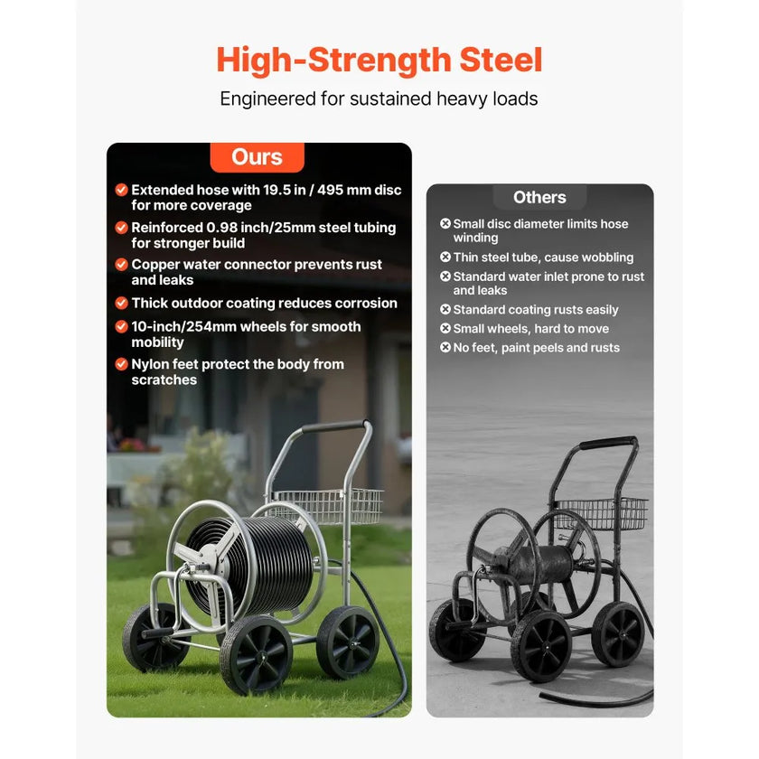 VEVOR Hose Reel Cart, Hold Up to 300 ft of 5/8’’ Hose, Garden Water Hose Carts Mobile Tools with 4 Wheels, Heavy Duty Powder-coated Steel Outdoor Planting with Storage Basket, for Garden, Yard, Lawn