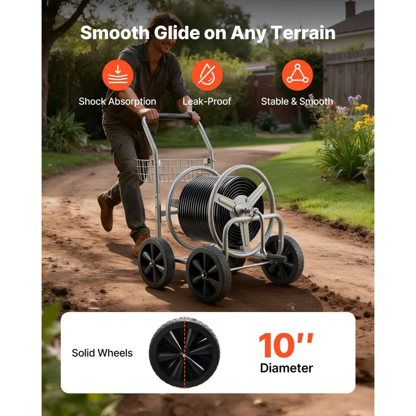 VEVOR Hose Reel Cart, Hold Up to 300 ft of 5/8’’ Hose, Garden Water Hose Carts Mobile Tools with 4 Wheels, Heavy Duty Powder-coated Steel Outdoor Planting with Storage Basket, for Garden, Yard, Lawn
