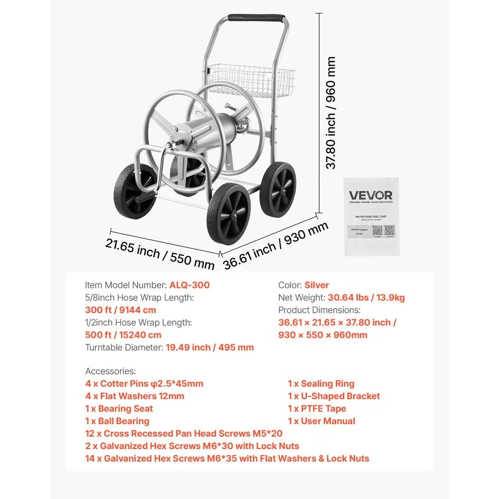VEVOR Hose Reel Cart, Hold Up to 300 ft of 5/8’’ Hose, Garden Water Hose Carts Mobile Tools with 4 Wheels, Heavy Duty Powder-coated Steel Outdoor Planting with Storage Basket, for Garden, Yard, Lawn