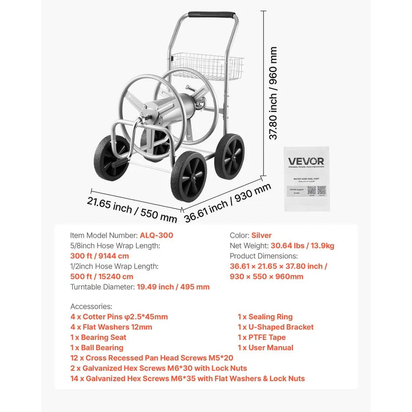 VEVOR Hose Reel Cart, Hold Up to 300 ft of 5/8’’ Hose, Garden Water Hose Carts Mobile Tools with 4 Wheels, Heavy Duty Powder-coated Steel Outdoor Planting with Storage Basket, for Garden, Yard, Lawn