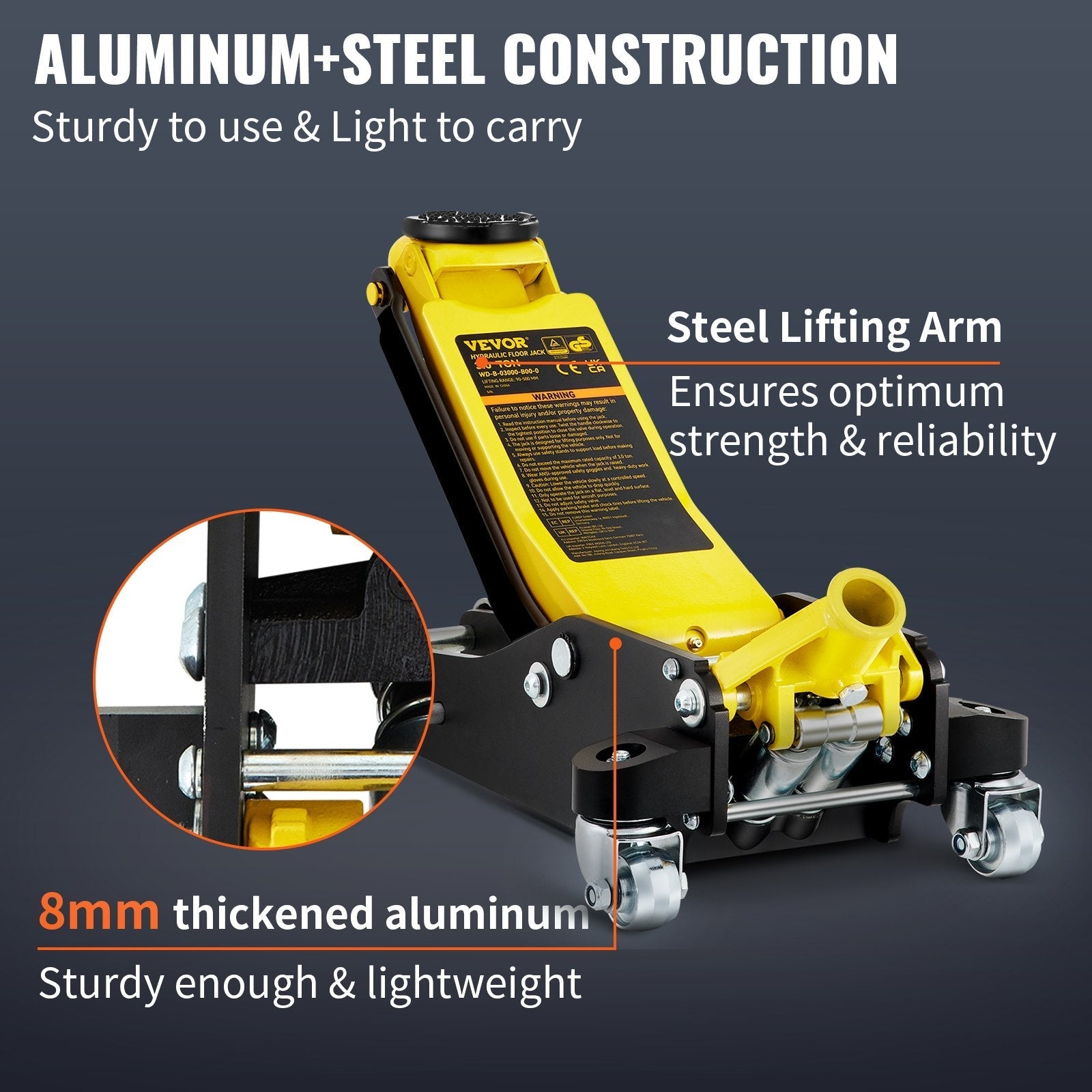 VEVOR Floor Jack, 3 Ton Low Profile Floor Jack, Aluminum and Steel Racing Floor Jack with Dual Pistons Quick Lift Pump, Floor Jack Lifting Range 3-6/11