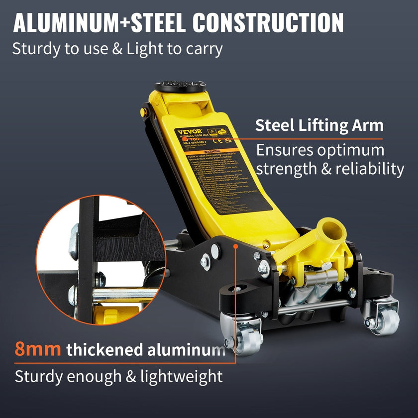 VEVOR Floor Jack, 3 Ton Low Profile Floor Jack, Aluminum and Steel Racing Floor Jack with Dual Pistons Quick Lift Pump, Floor Jack Lifting Range 3-6/11