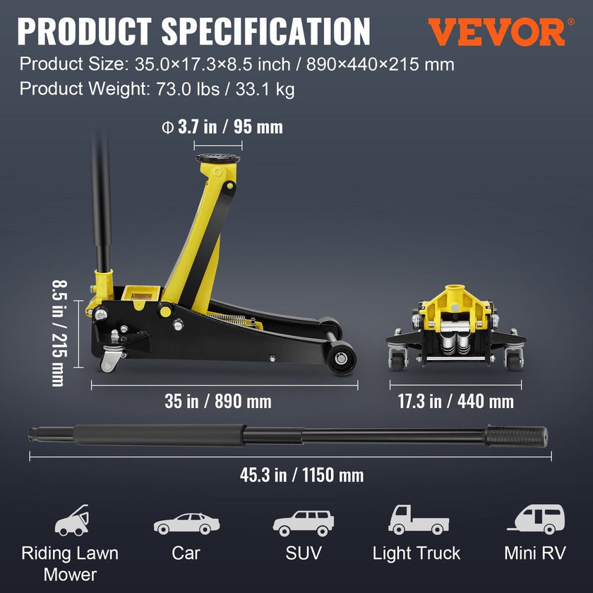 VEVOR Floor Jack, 3 Ton Low Profile Floor Jack, Heavy-duty Steel Racing Floor Jack with Dual Pistons Quick Lift Pump, Floor Jack Lifting Range 3.35