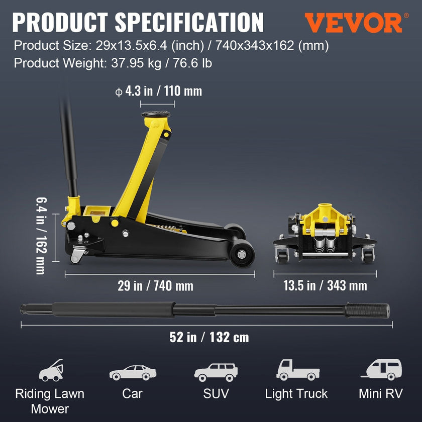 VEVOR Low Profile Floor Jack 4 Ton Heavy Duty Steel Dual Piston Rapid Pump