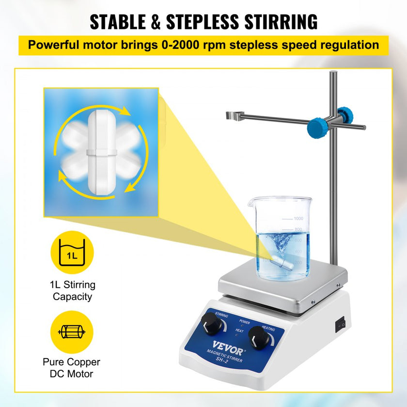 VEVOR SH-2 Magnetic Stirrer, 0-2000 RPM, 1000ml Mixing Capacity Laboratory Magnetic Stirrer Hotplate w/Stand, 180W Heating Power ? 380°C Max Heating Temperature, for Lab Liquid Mixing Heating