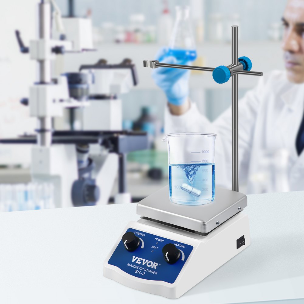 VEVOR SH-2 Magnetic Stirrer, 0-2000 RPM, 1000ml Mixing Capacity Laboratory Magnetic Stirrer Hotplate w/Stand, 180W Heating Power ? 380°C Max Heating Temperature, for Lab Liquid Mixing Heating