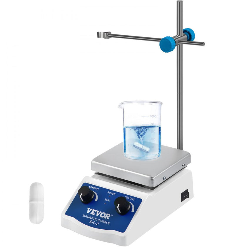 VEVOR SH-2 Magnetic Stirrer, 0-2000 RPM, 1000ml Mixing Capacity Laboratory Magnetic Stirrer Hotplate w/Stand, 180W Heating Power ? 380°C Max Heating Temperature, for Lab Liquid Mixing Heating