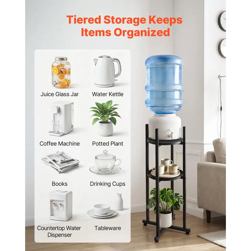 VEVOR 2-Tier Water Dispenser Stand for 1 Water Jug, Heavy-Duty Water Bottle Holder Rack with Detachable Storage Shelf, Cross-Shaped Stable Base, Black