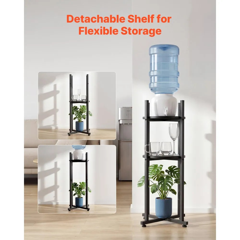VEVOR 2-Tier Water Dispenser Stand for 1 Water Jug, Heavy-Duty Water Bottle Holder Rack with Detachable Storage Shelf, Cross-Shaped Stable Base, Black