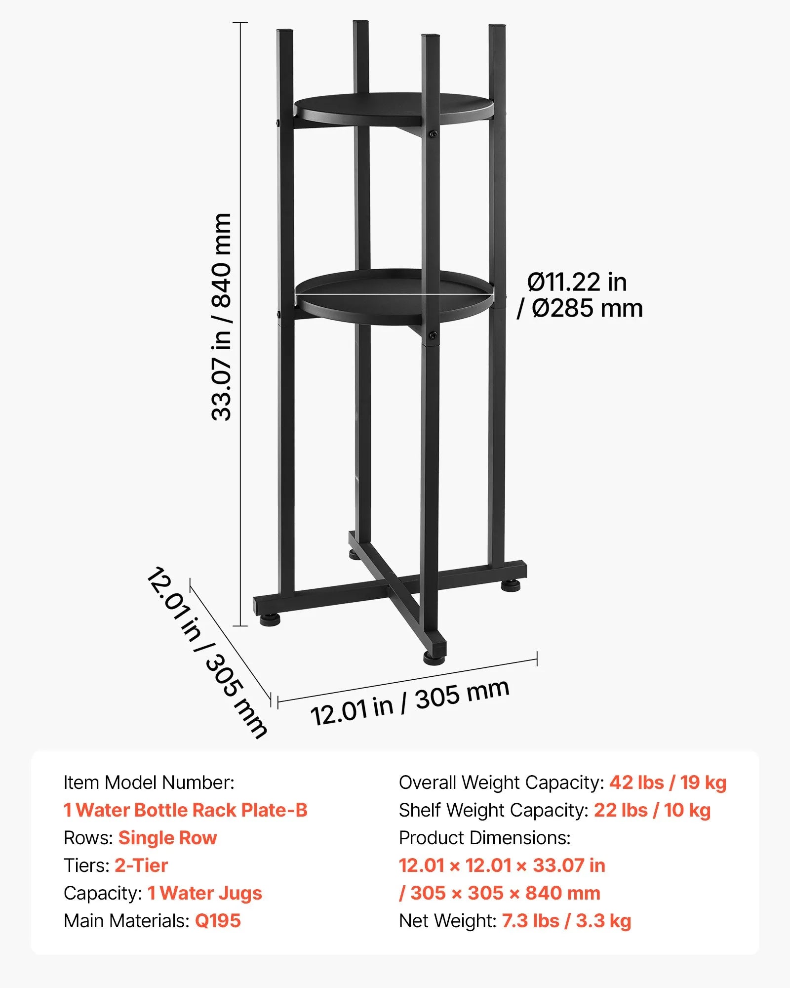 VEVOR 2-Tier Water Dispenser Stand for 1 Water Jug, Heavy-Duty Water Bottle Holder Rack with Detachable Storage Shelf, Cross-Shaped Stable Base, Black