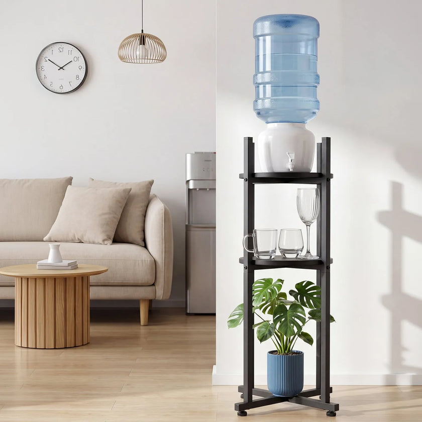 VEVOR 2-Tier Water Dispenser Stand for 1 Water Jug, Heavy-Duty Water Bottle Holder Rack with Detachable Storage Shelf, Cross-Shaped Stable Base, Black