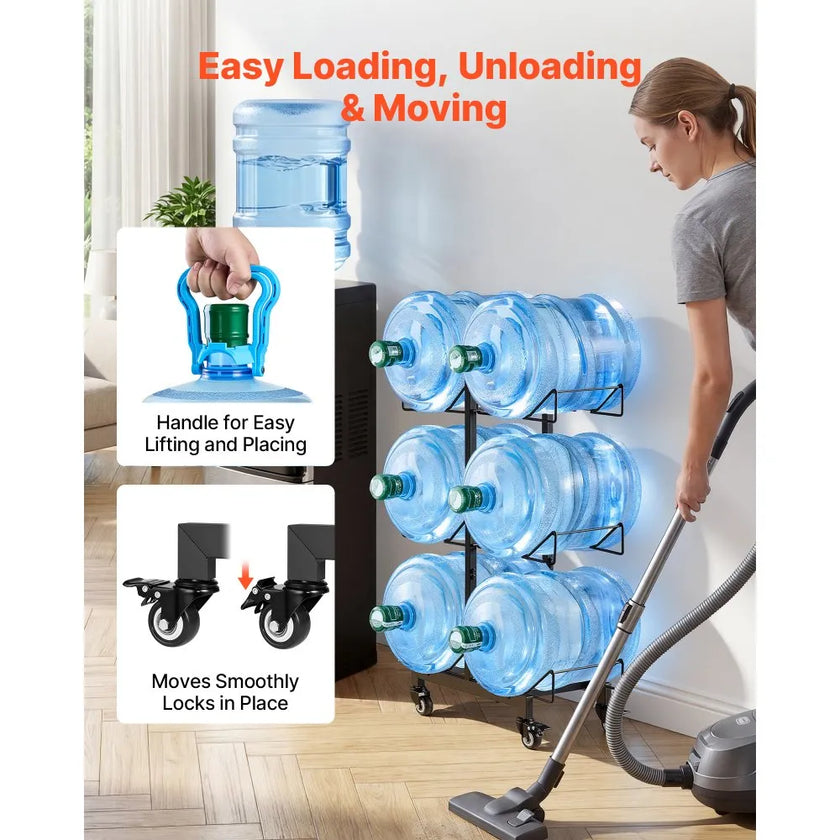 Product Title: VEVOR 3-Tier Water Jug Holder for 6 Bottles, Double Row Foldable Water Bottle Storage Rack with Casters, Locking Wheels, Adjustable Feet & Heavy-Duty Steel Frame, Black