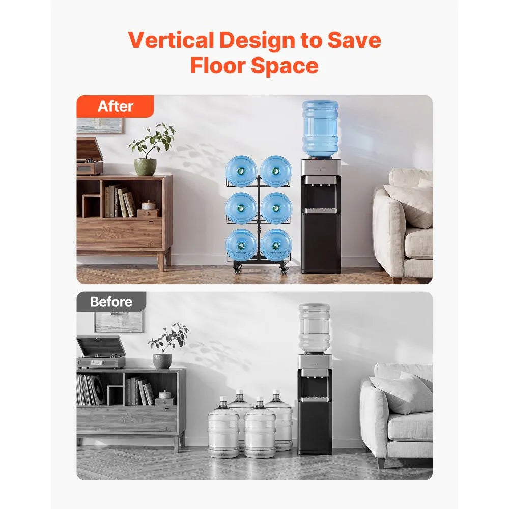 Product Title: VEVOR 3-Tier Water Jug Holder for 6 Bottles, Double Row Foldable Water Bottle Storage Rack with Casters, Locking Wheels, Adjustable Feet & Heavy-Duty Steel Frame, Black