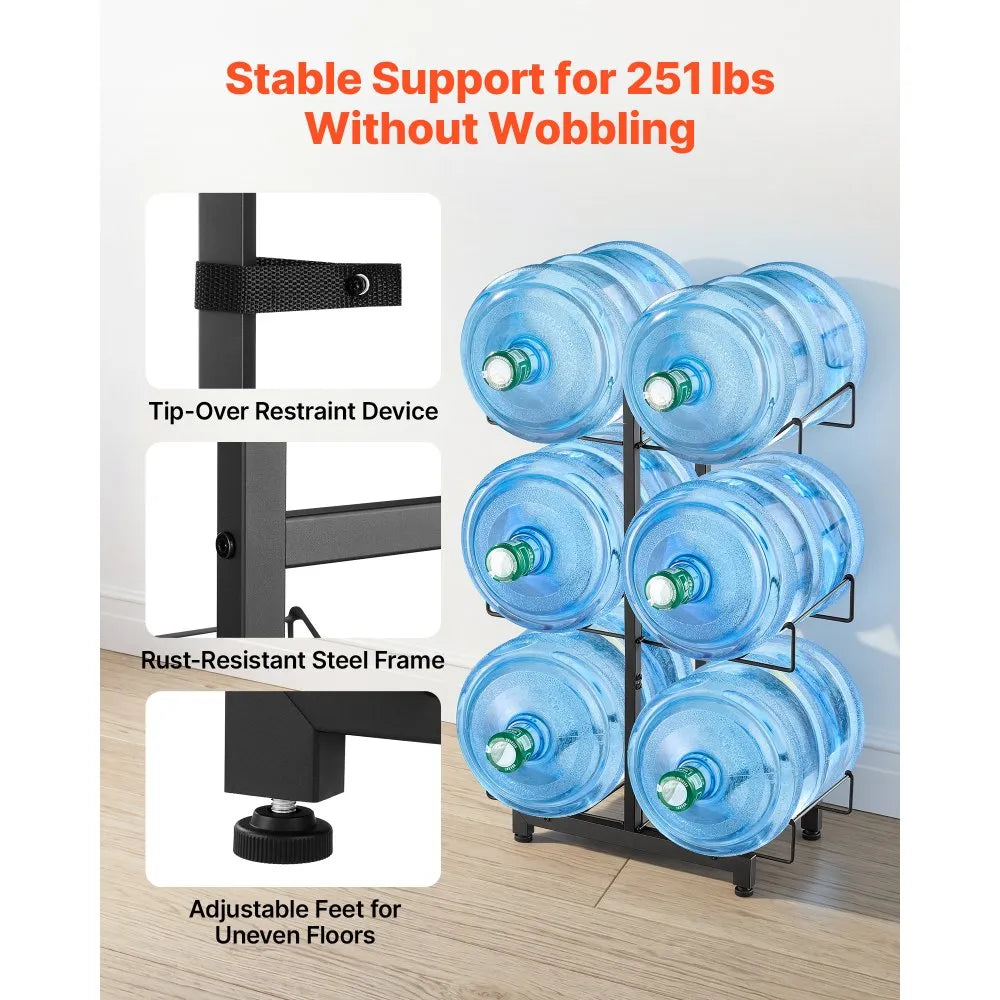 Product Title: VEVOR 3-Tier Water Jug Holder for 6 Bottles, Double Row Foldable Water Bottle Storage Rack with Casters, Locking Wheels, Adjustable Feet & Heavy-Duty Steel Frame, Black