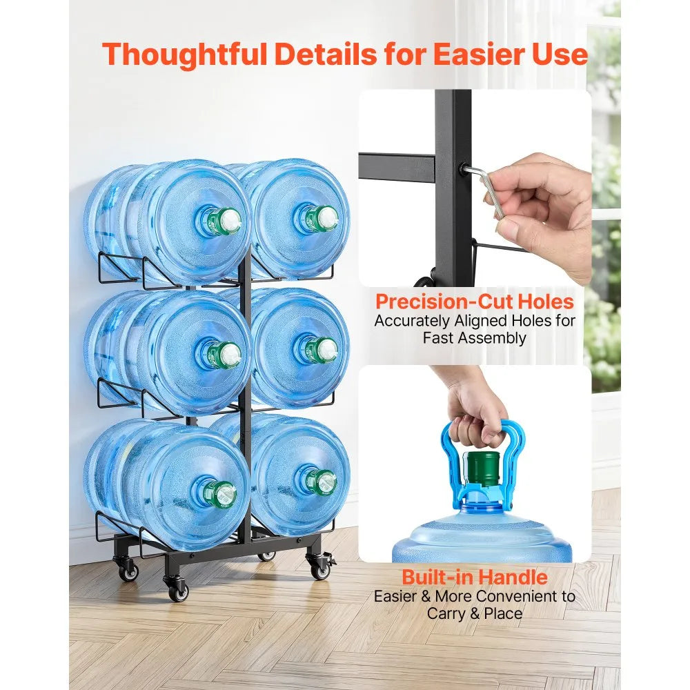 Product Title: VEVOR 3-Tier Water Jug Holder for 6 Bottles, Double Row Foldable Water Bottle Storage Rack with Casters, Locking Wheels, Adjustable Feet & Heavy-Duty Steel Frame, Black