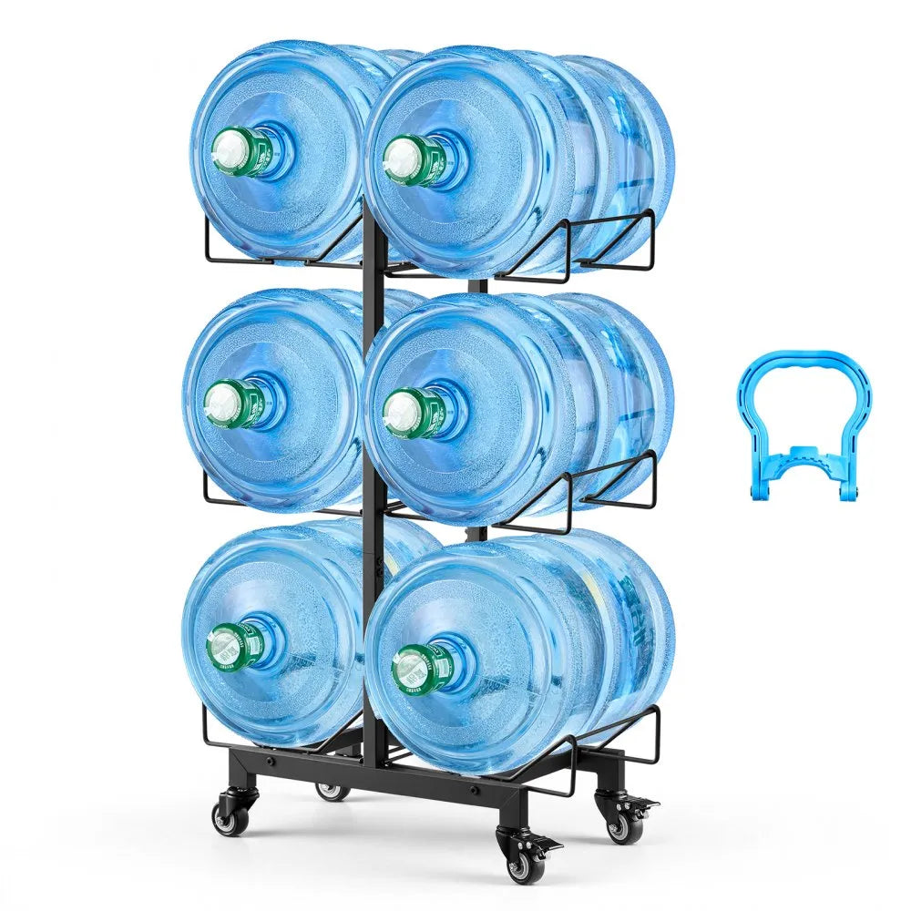 Product Title: VEVOR 3-Tier Water Jug Holder for 6 Bottles, Double Row Foldable Water Bottle Storage Rack with Casters, Locking Wheels, Adjustable Feet & Heavy-Duty Steel Frame, Black