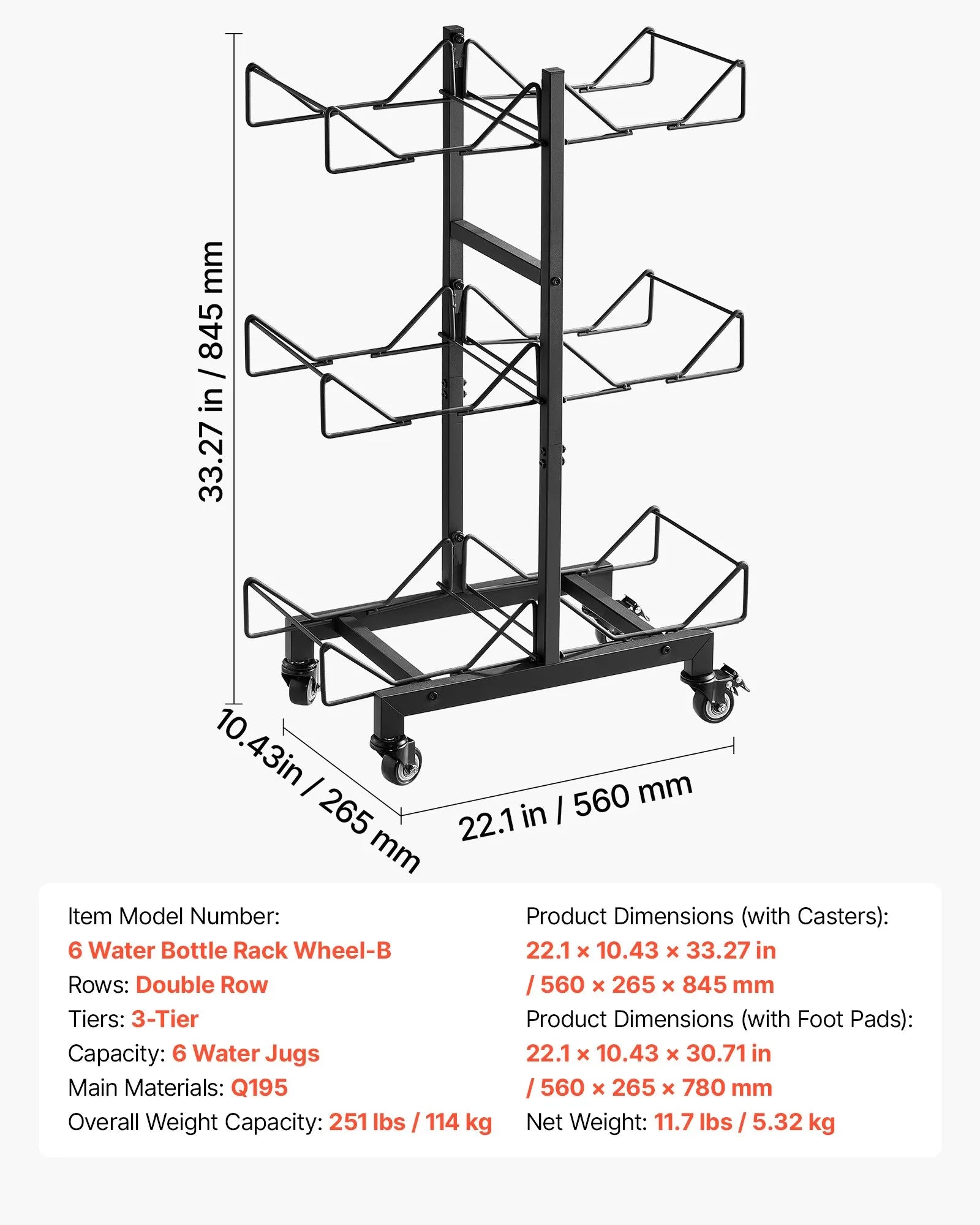 Product Title: VEVOR 3-Tier Water Jug Holder for 6 Bottles, Double Row Foldable Water Bottle Storage Rack with Casters, Locking Wheels, Adjustable Feet & Heavy-Duty Steel Frame, Black