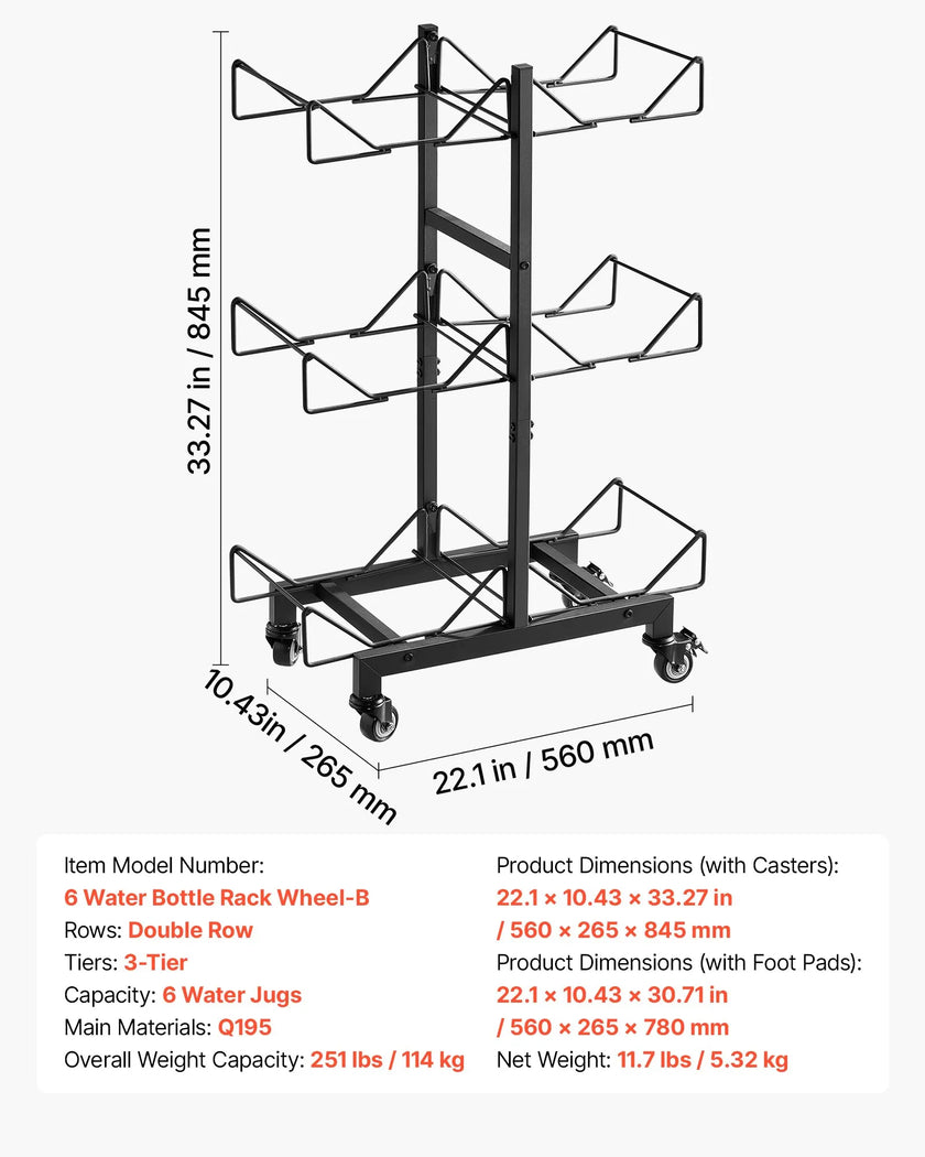 Product Title: VEVOR 3-Tier Water Jug Holder for 6 Bottles, Double Row Foldable Water Bottle Storage Rack with Casters, Locking Wheels, Adjustable Feet & Heavy-Duty Steel Frame, Black