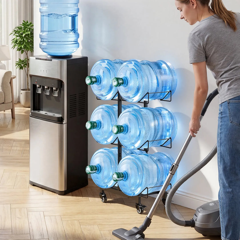 Product Title: VEVOR 3-Tier Water Jug Holder for 6 Bottles, Double Row Foldable Water Bottle Storage Rack with Casters, Locking Wheels, Adjustable Feet & Heavy-Duty Steel Frame, Black