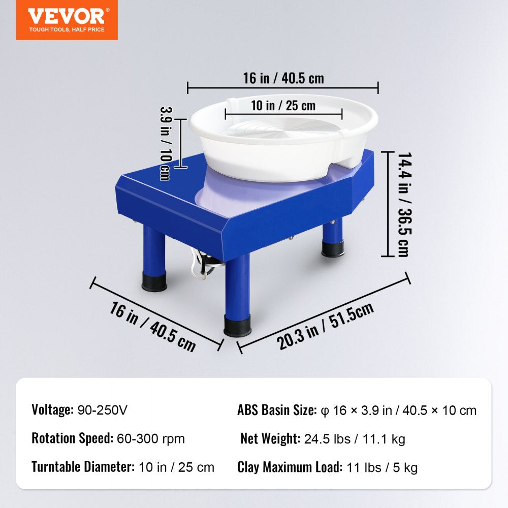 VEVOR Pottery Wheel, 10in Ceramic Wheel Forming Machine, Adjustable 60-300RPM Speed Manual LCD Panel, Foot Pedal ABS Detachable Basin, Sculpting Tool Apron Accessory Kit for Work Art Craft DIY