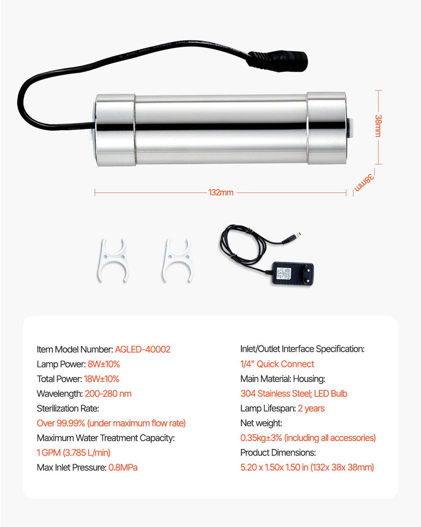 VEVOR 110V 8W UV Water Purifier 1GPM Ultraviolet Water Purifier Filter
