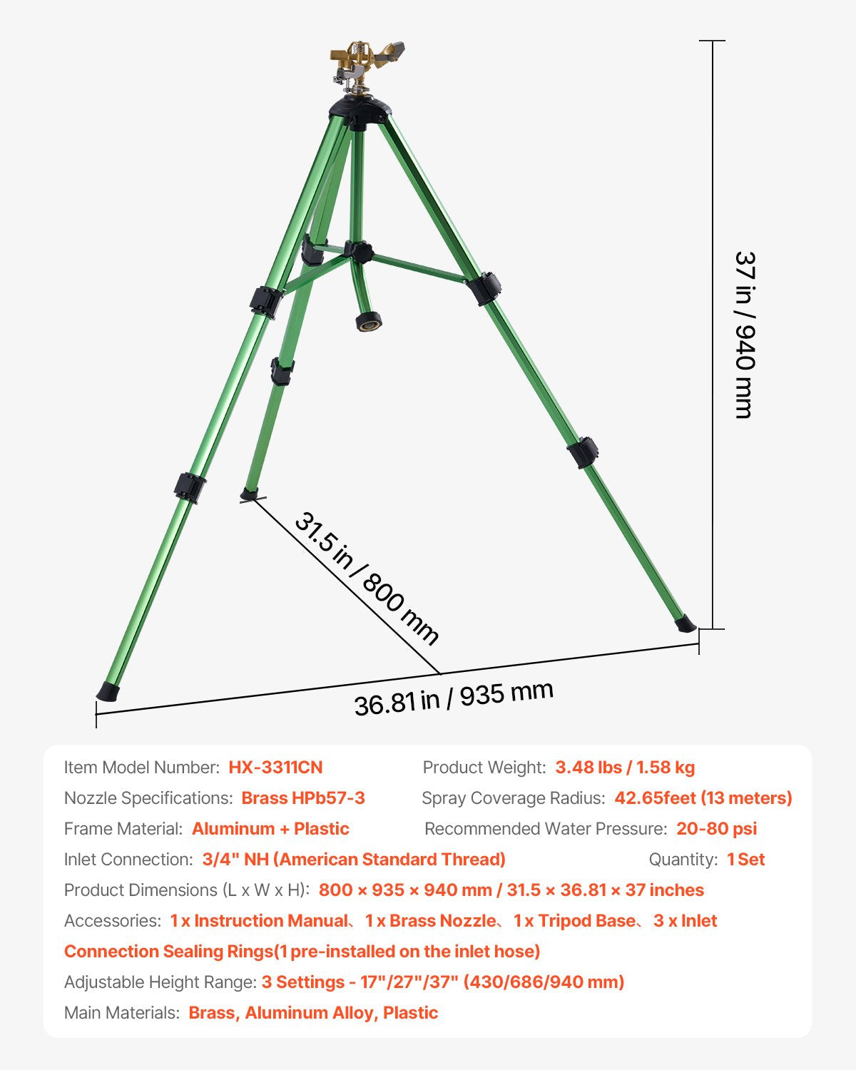 VEVOR Tripod Sprinkler 360° Spray Heavy Duty Sprinklers for Lawn Garden Green