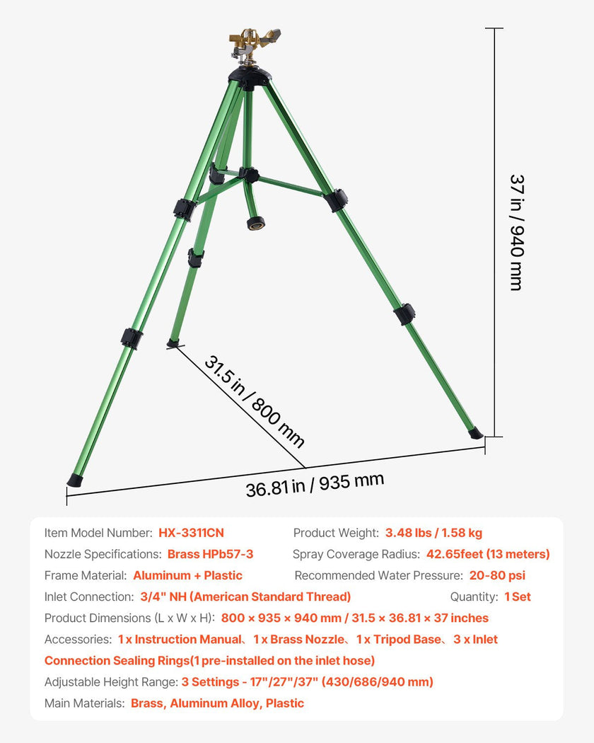 VEVOR Tripod Sprinkler 360° Spray Heavy Duty Sprinklers for Lawn Garden Green