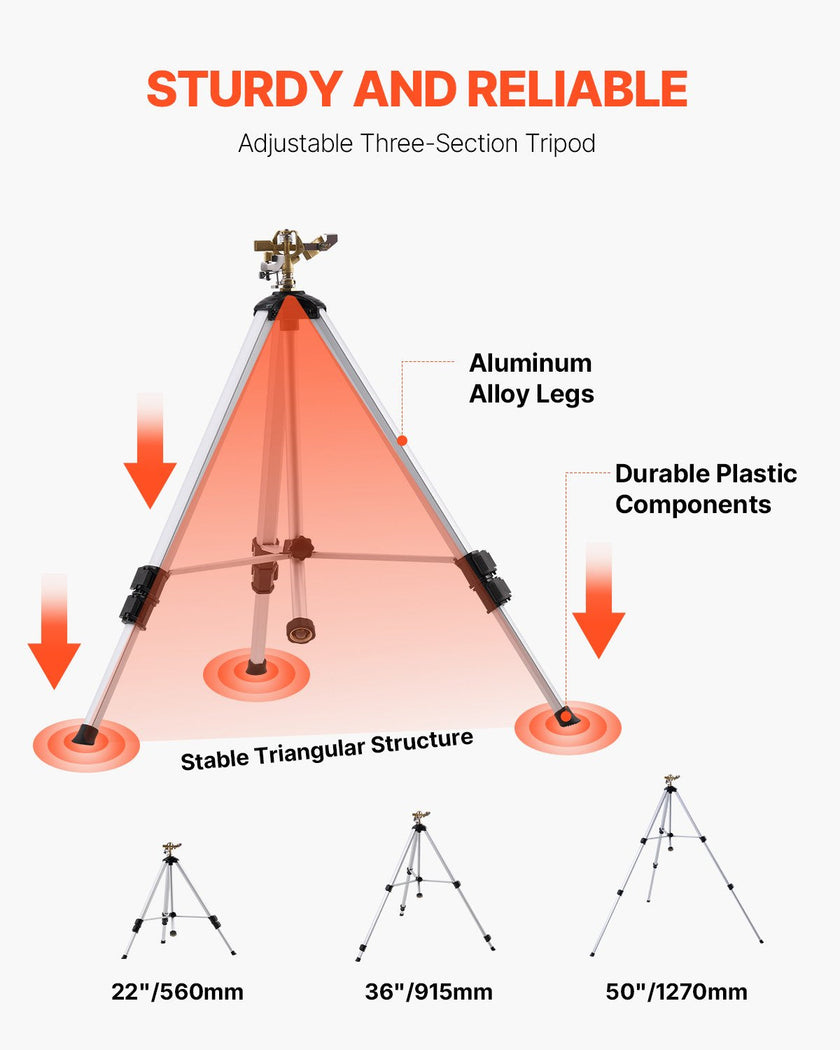 VEVOR Tripod Sprinkler 360° Spray Heavy Duty Sprinklers for Lawn Garden Gray