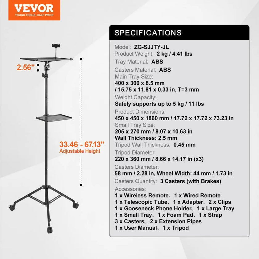 VEVOR Projector Stand with Wheels Laptop Stand Tripod Height from 31.3 to 67.3