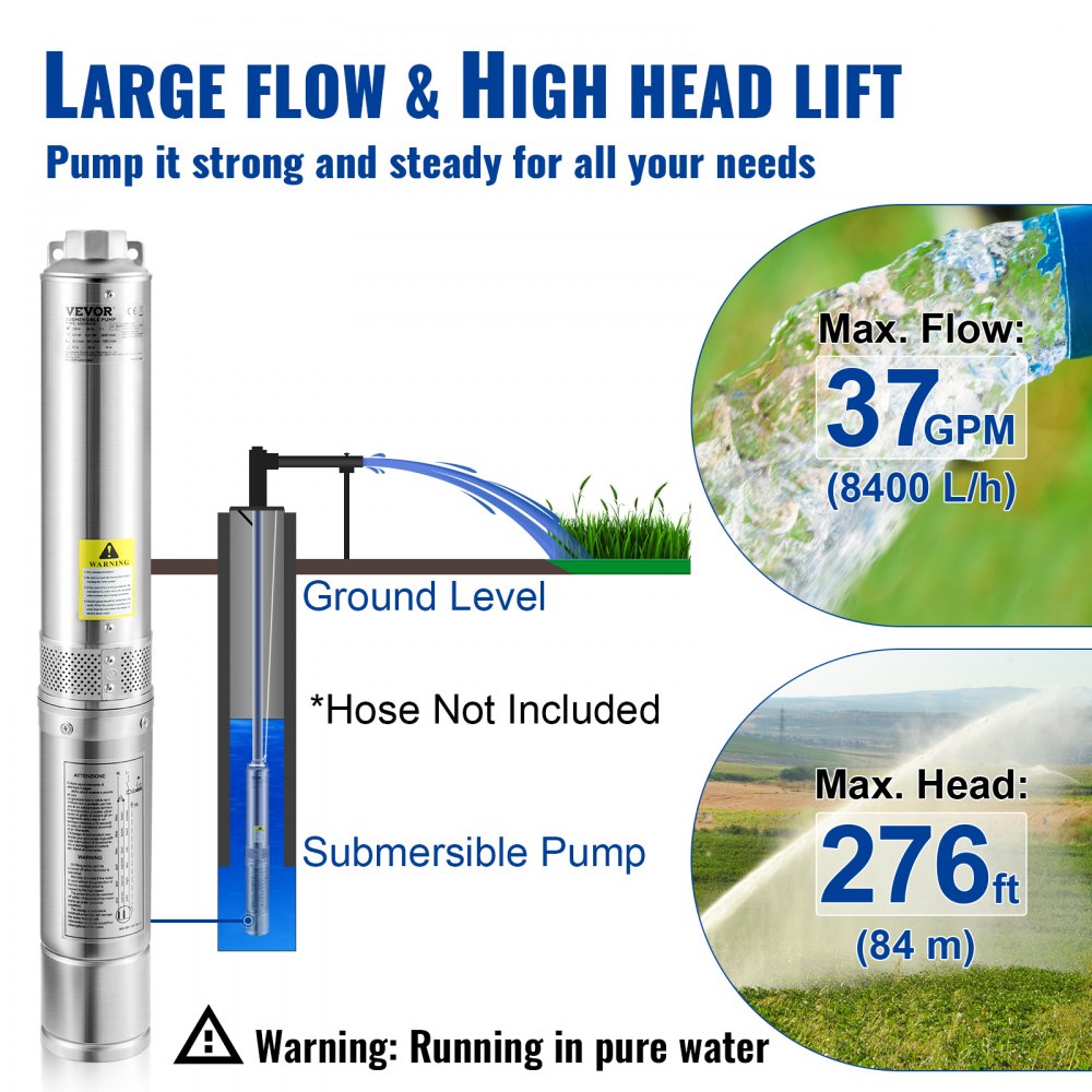 VEVOR Deep Well Submersible Pump, 1.5HP/1100W 230V/60Hz, 37GPM 276 ft Head, with 33 ft Electric Cord, 4 inch Stainless Steel Water Pumps for Industrial, Irrigation and Home Use, IP68 Waterproof Grade