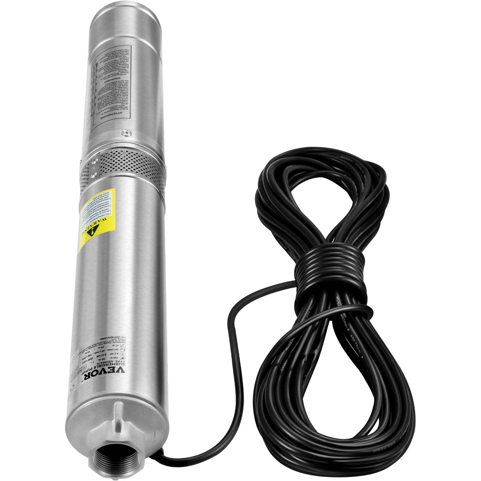 VEVOR Deep Well Submersible Pump, 0.5HP/370W 230V/60Hz, 28GPM 167 ft Head, with 33 ft Electric Cord, 4 inch Stainless Steel Water Pumps for Industrial, Irrigation and Home Use, IP68 Waterproof Grade
