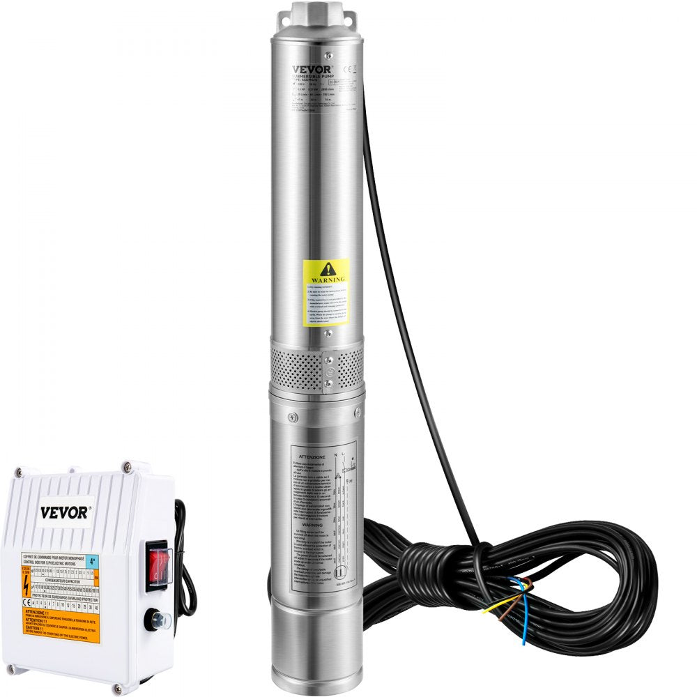 VEVOR Deep Well Submersible Pump, 3HP 230V/60Hz, 37GPM 640 ft Head, with 33 ft Cord & External Control Box, 4 inch Stainless Steel Water Pumps for Industrial, Irrigation and Home Use, IP68 Waterproof