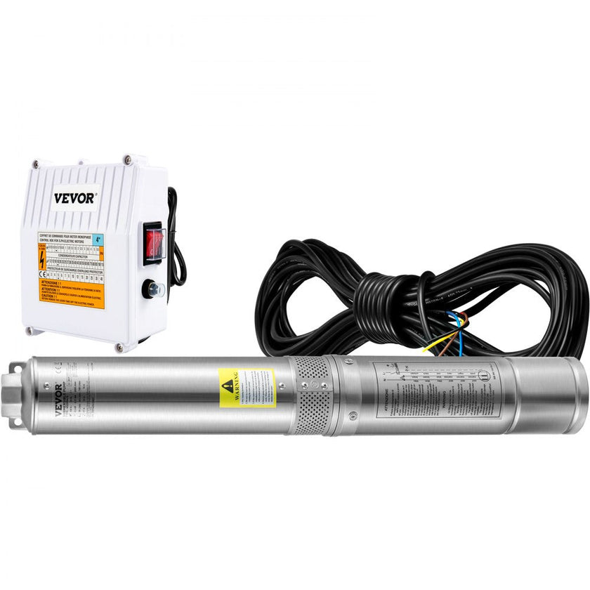 VEVOR Deep Well Submersible Pump, 3HP 230V/60Hz, 37GPM 640 ft Head, with 33 ft Cord & External Control Box, 4 inch Stainless Steel Water Pumps for Industrial, Irrigation and Home Use, IP68 Waterproof