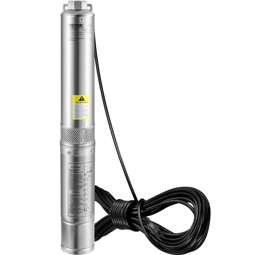 VEVOR Deep Well Submersible Pump, 0.5HP/370W 115V/60Hz, 28GPM Flow 167 ft Head, with 33ft Electric Cord, 4 inch Stainless Steel Water Pumps for Industrial, Irrigation & Home Use, IP68 Waterproof Grade