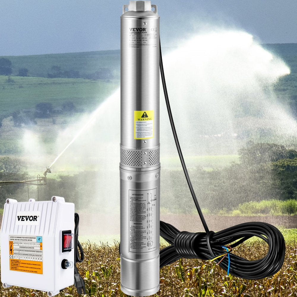 VEVOR Deep Well Submersible Pump, 1.5HP 115V/60Hz, 37GPM 276ft Head, with 33 ft Cord & External Control Box, 4 inch Stainless Steel Water Pumps for Industrial, Irrigation and Home Use, IP68 Waterproof