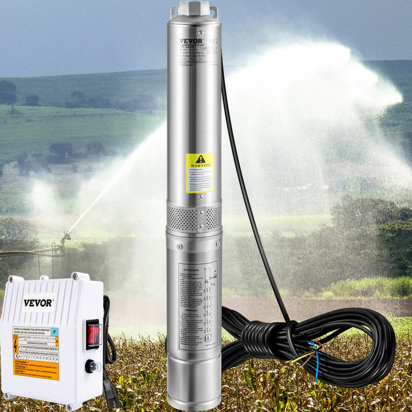 VEVOR Deep Well Submersible Pump, 1.5HP 115V/60Hz, 37GPM 276ft Head, with 33 ft Cord & External Control Box, 4 inch Stainless Steel Water Pumps for Industrial, Irrigation and Home Use, IP68 Waterproof