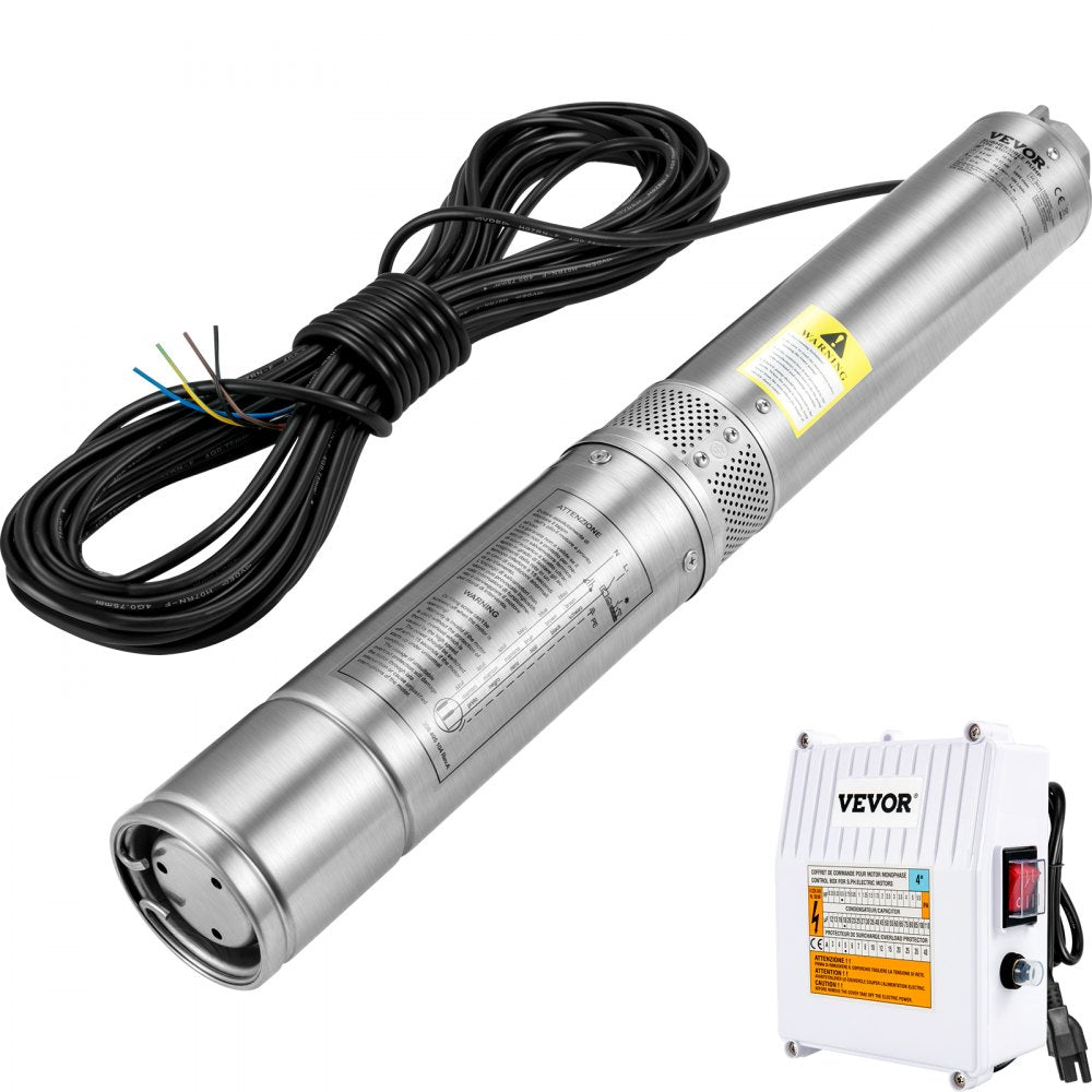 VEVOR Deep Well Submersible Pump, 1.5HP 115V/60Hz, 37GPM 276ft Head, with 33 ft Cord & External Control Box, 4 inch Stainless Steel Water Pumps for Industrial, Irrigation and Home Use, IP68 Waterproof
