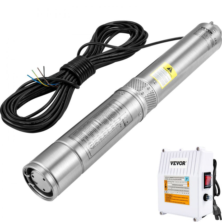 VEVOR Deep Well Submersible Pump, 1.5HP 115V/60Hz, 37GPM 276ft Head, with 33 ft Cord & External Control Box, 4 inch Stainless Steel Water Pumps for Industrial, Irrigation and Home Use, IP68 Waterproof