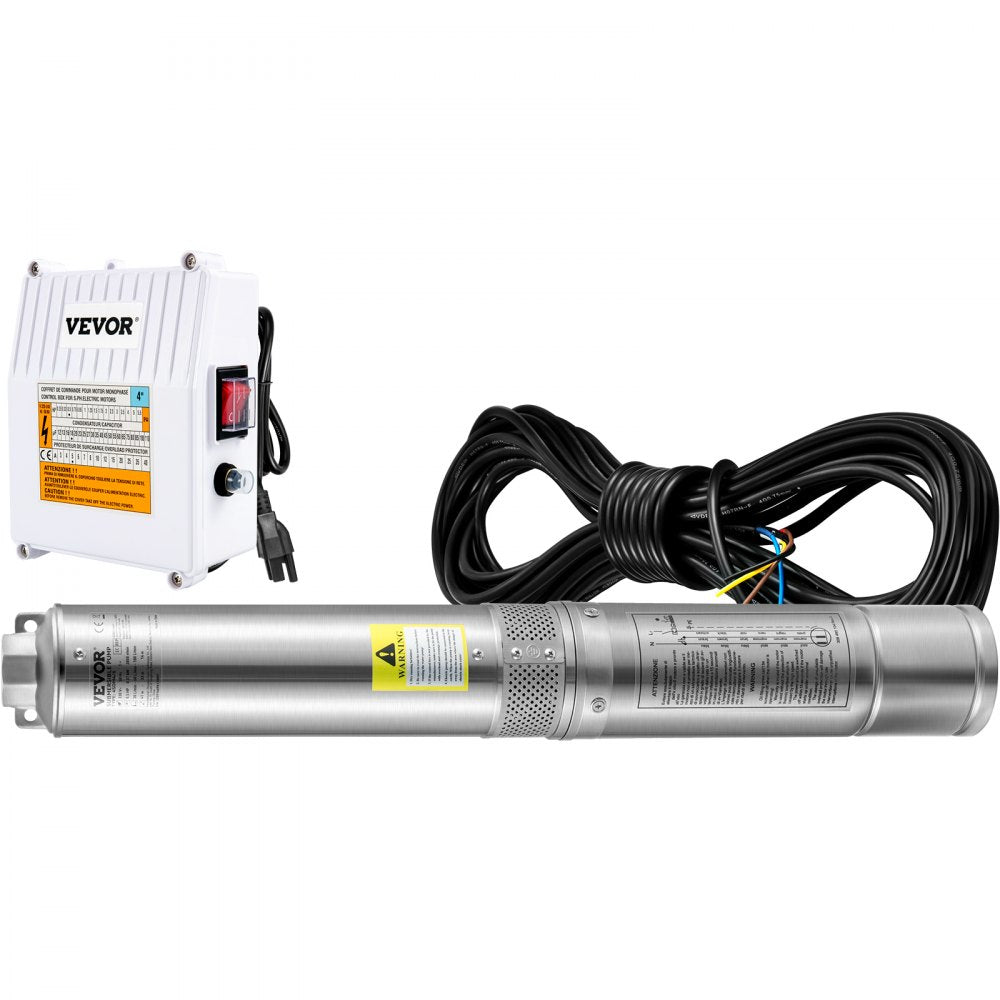 VEVOR Deep Well Submersible Pump, 1.5HP 115V/60Hz, 37GPM 276ft Head, with 33 ft Cord & External Control Box, 4 inch Stainless Steel Water Pumps for Industrial, Irrigation and Home Use, IP68 Waterproof