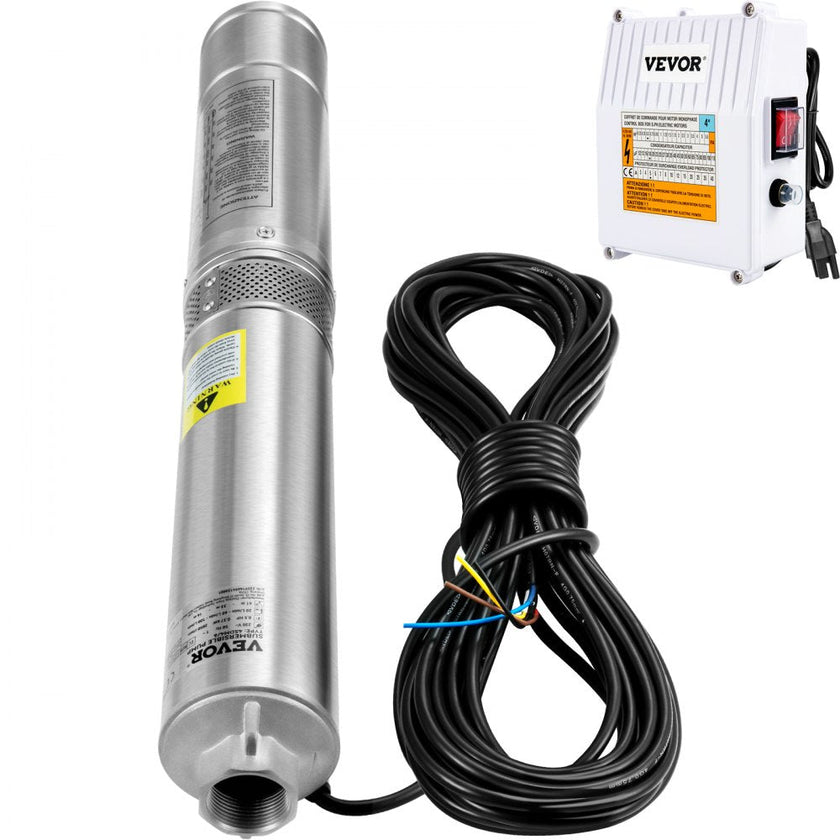 VEVOR Deep Well Submersible Pump, 1.5HP 115V/60Hz, 37GPM 276ft Head, with 33 ft Cord & External Control Box, 4 inch Stainless Steel Water Pumps for Industrial, Irrigation and Home Use, IP68 Waterproof