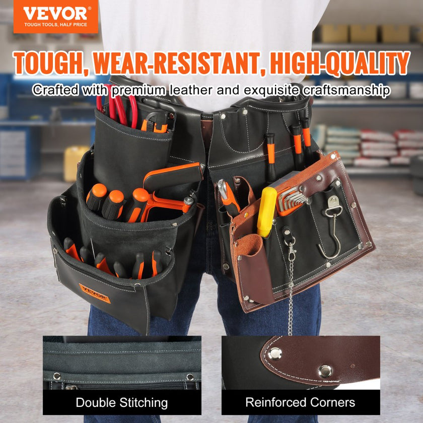 VEVOR Tool Belt, 31 Pockets, Adjusts from 32 Inches to 54 Inches, Leather Heavy Duty Tool Pouch Bag, Detachable Tool Bag for Electrician, Carpenter, Handyman, Woodworker, Construction, Black/Brown
