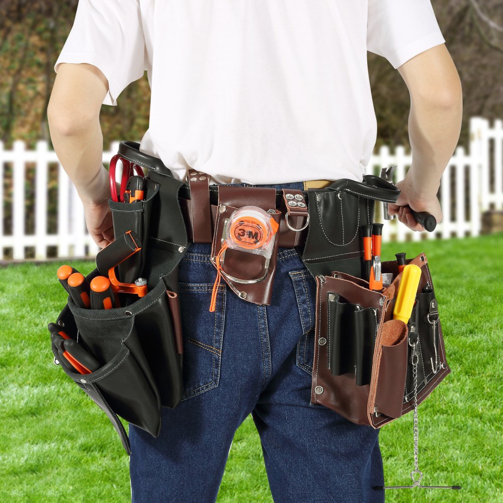 VEVOR Tool Belt, 31 Pockets, Adjusts from 32 Inches to 54 Inches, Leather Heavy Duty Tool Pouch Bag, Detachable Tool Bag for Electrician, Carpenter, Handyman, Woodworker, Construction, Black/Brown