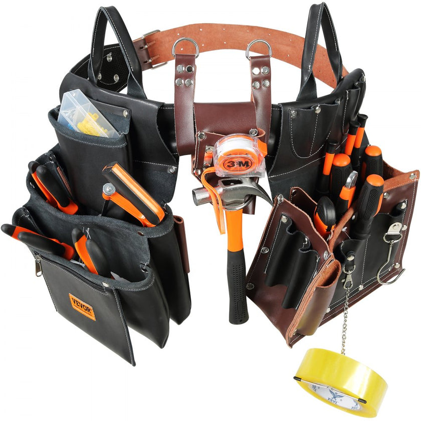 VEVOR Tool Belt, 31 Pockets, Adjusts from 32 Inches to 54 Inches, Leather Heavy Duty Tool Pouch Bag, Detachable Tool Bag for Electrician, Carpenter, Handyman, Woodworker, Construction, Black/Brown