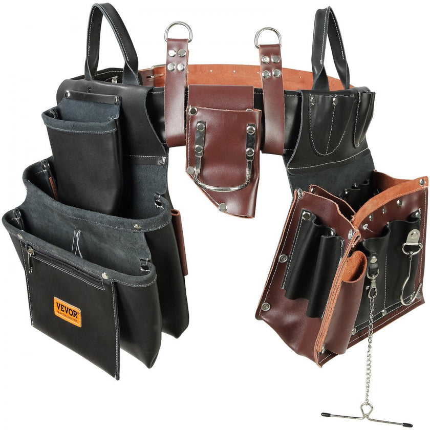 VEVOR Tool Belt, 31 Pockets, Adjusts from 32 Inches to 54 Inches, Leather Heavy Duty Tool Pouch Bag, Detachable Tool Bag for Electrician, Carpenter, Handyman, Woodworker, Construction, Black/Brown