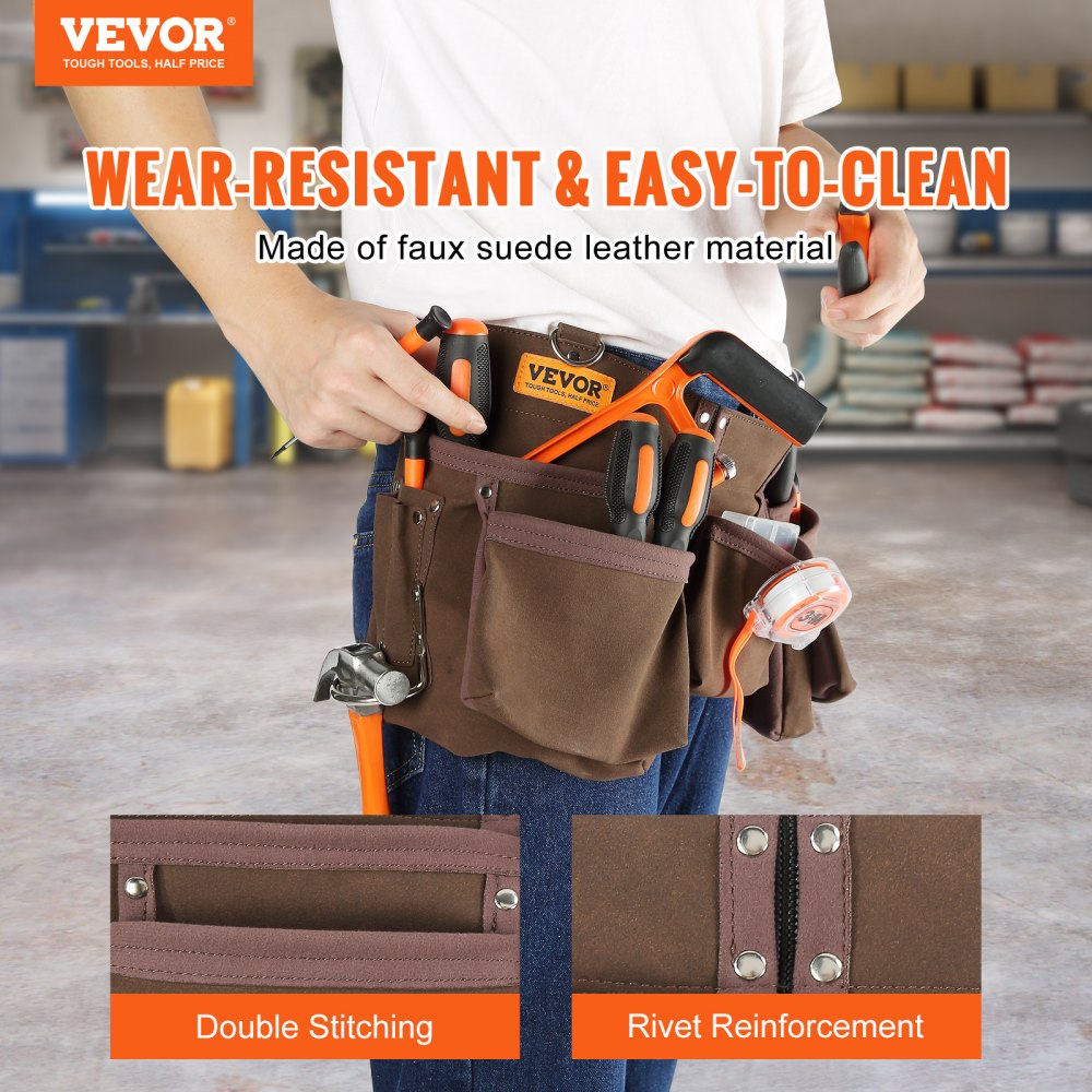 VEVOR Tool Belt, 13 Pockets, Adjusts from 29 Inches to 54 Inches, Leather Heavy Duty Tool Pouch Bag with Dual Hammer Loops, Tool Bag for Electrician, Carpenter, Handyman, Construction, Framer, Brown