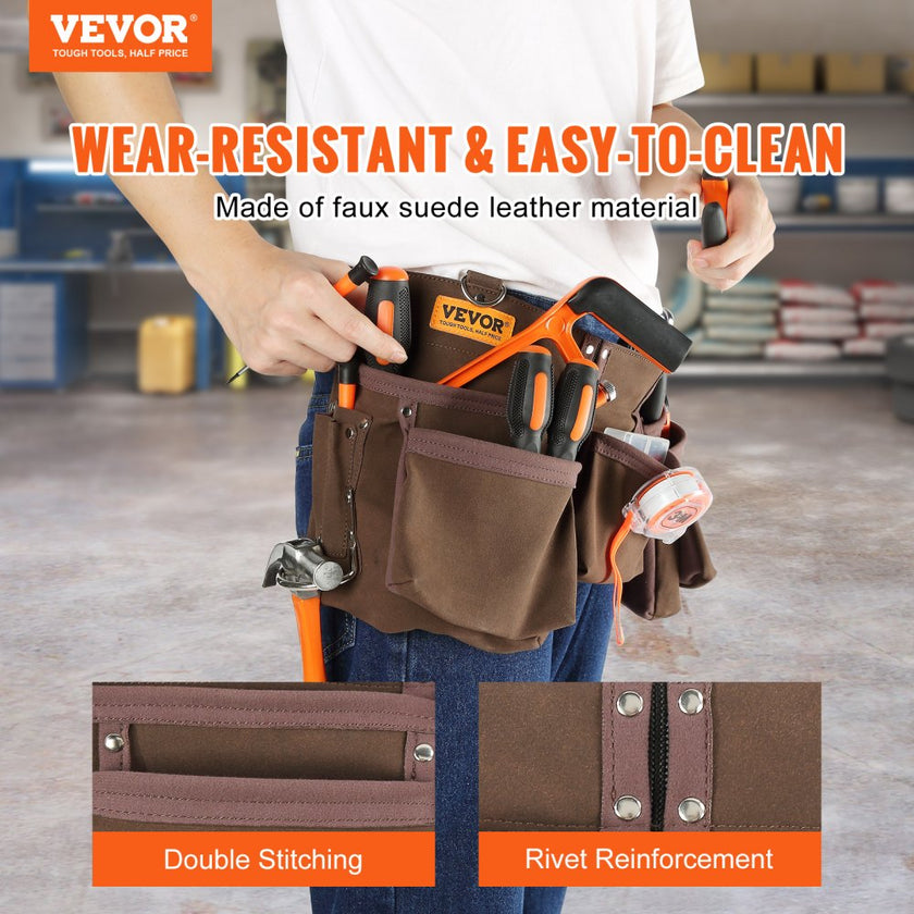 VEVOR Tool Belt, 13 Pockets, Adjusts from 29 Inches to 54 Inches, Leather Heavy Duty Tool Pouch Bag with Dual Hammer Loops, Tool Bag for Electrician, Carpenter, Handyman, Construction, Framer, Brown